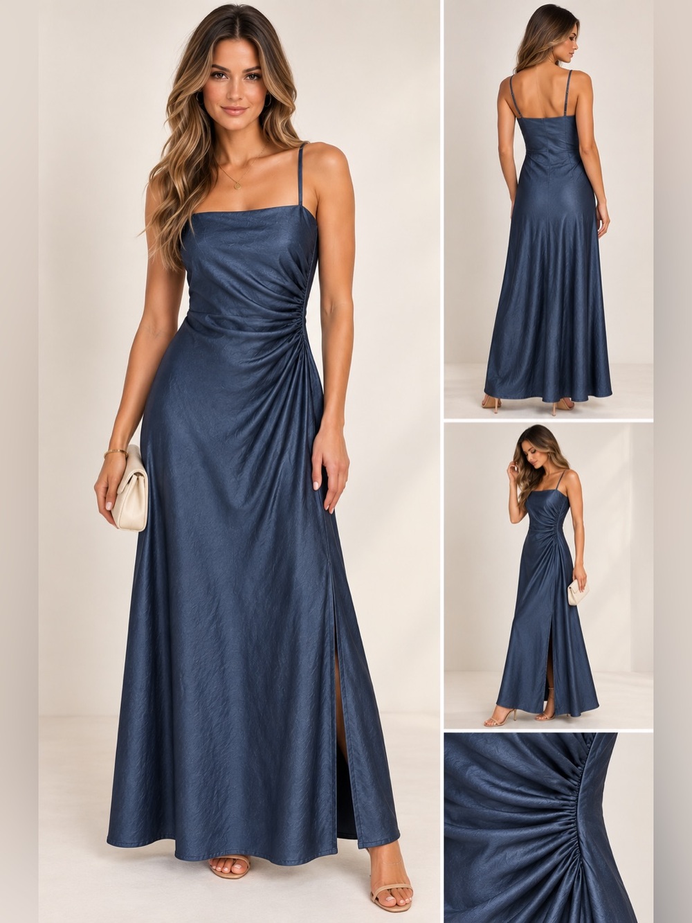 House of Harlow 1960 Navy Blue Satin Ruched Maxi Dress Size XS